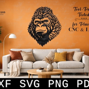 Puede incluir: Arte de pared de metal negro con la cabeza de un gorila. La cara del gorila está detallada con un diseño de árbol. El texto en la pared dice "Tool-Path Tested for Plasma CNC & Laser".