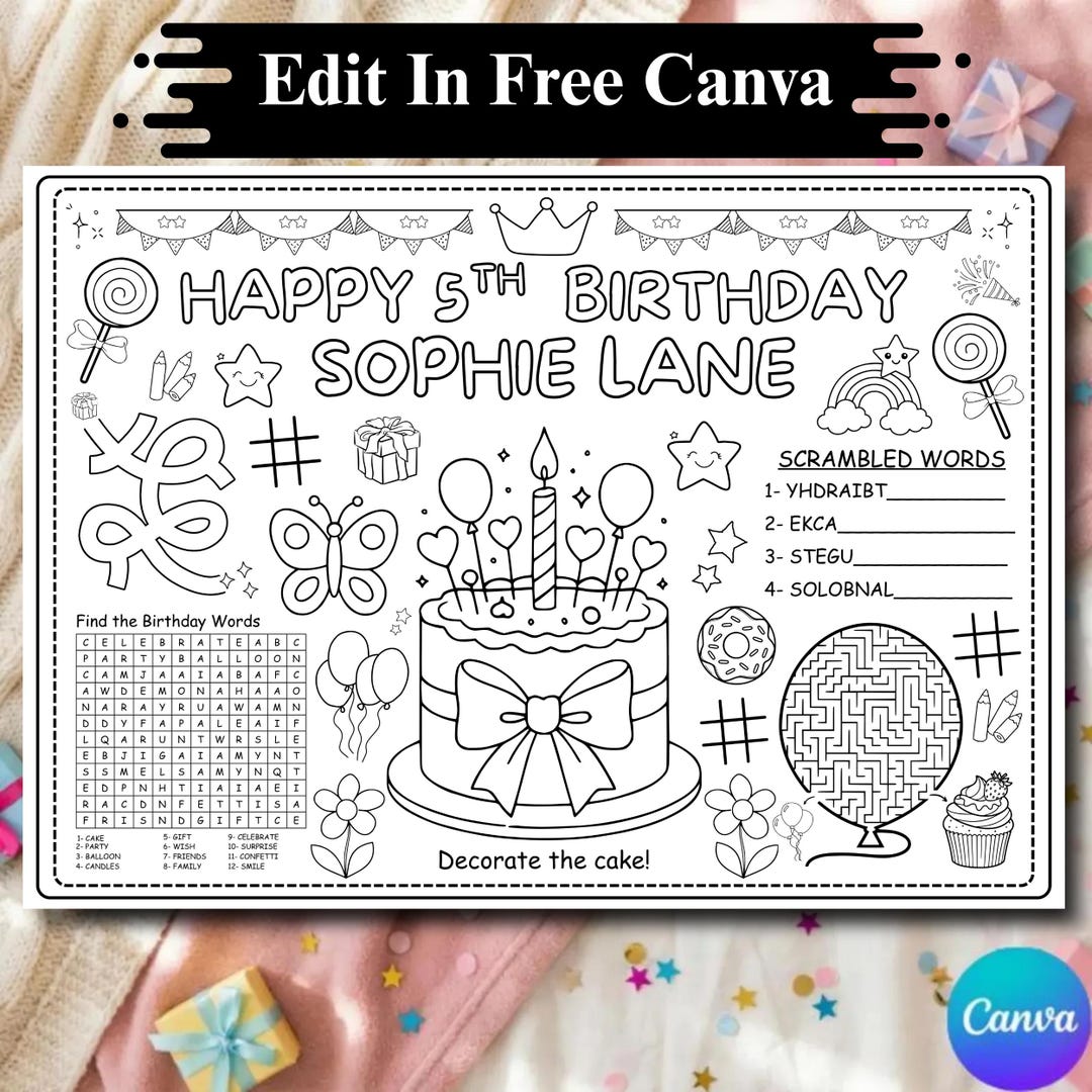 Personalized Birthday Coloring Placemat Printable, Kids Party Activity ...