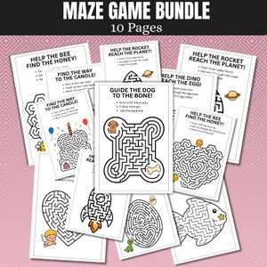 Puede incluir: Un paquete de 10 páginas de juegos de laberintos. Cada página presenta un laberinto en blanco y negro con varios temas, como un perro, un cohete, una abeja y una vela. El texto "MAZE GAME BUNDLE" y "10 Pages" está en la parte superior.