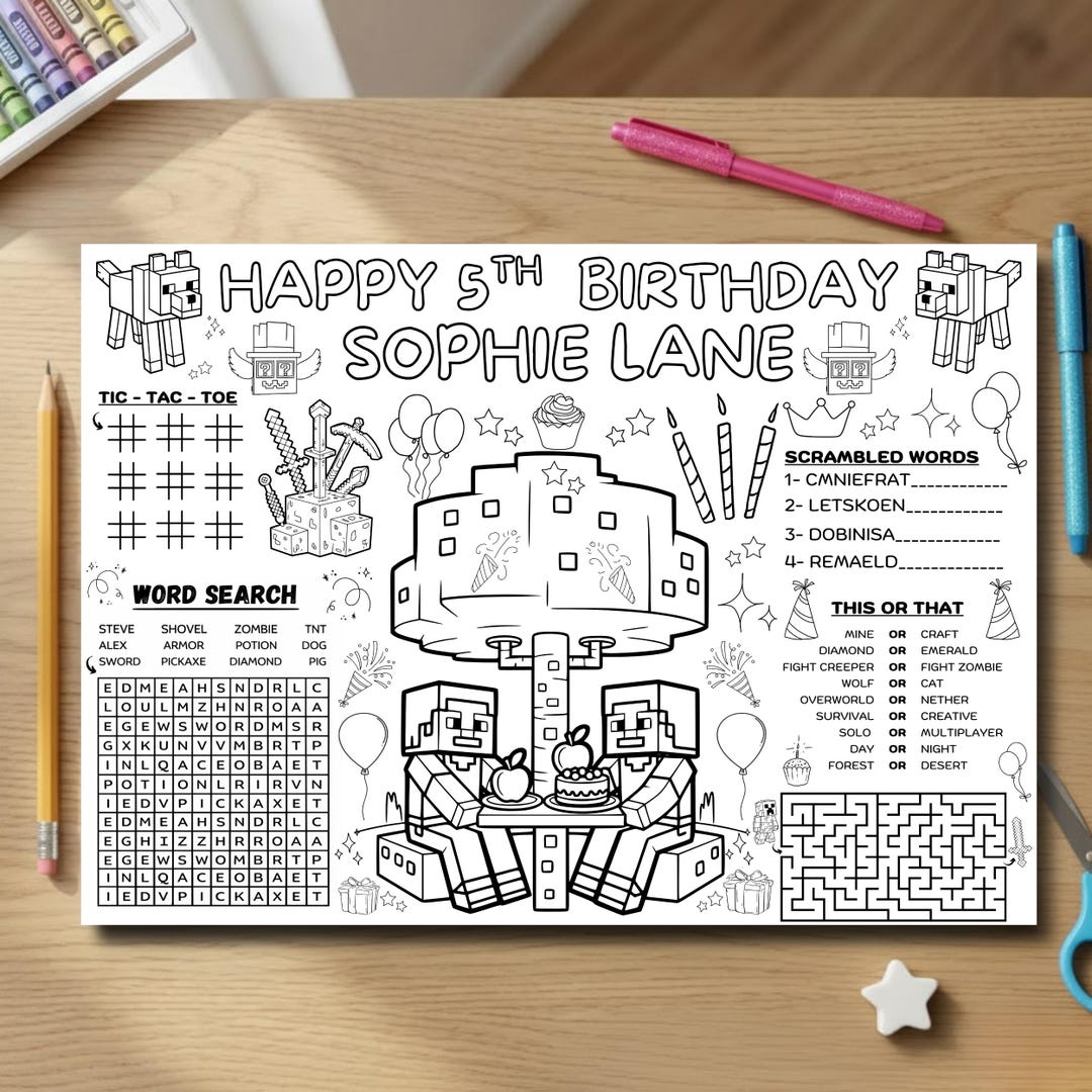 Minecraft Activity Placemat Printable, Kids Birthday Party Activity ...