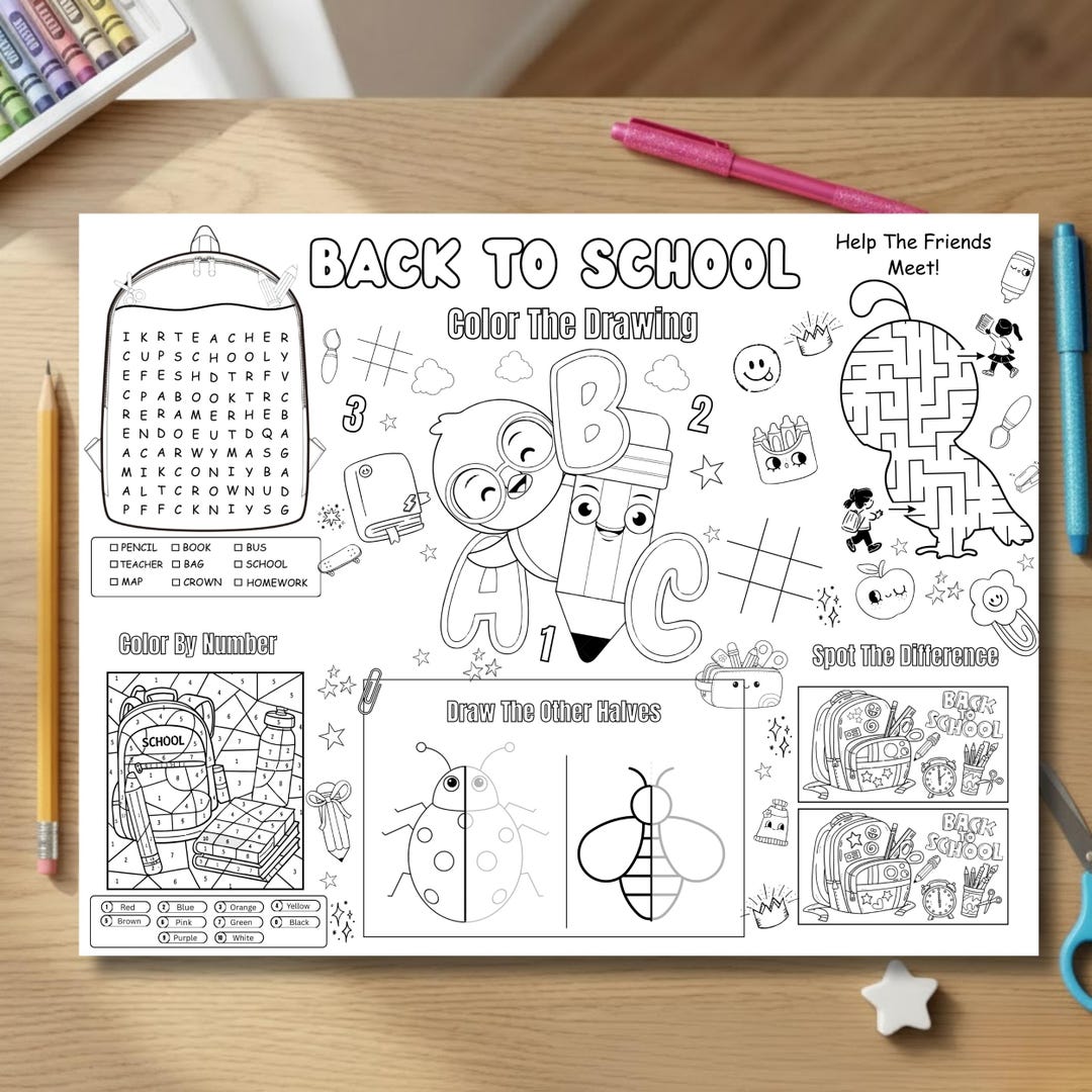 Back to School Activity Sheet Printable, Kids Coloring Worksheet Bundle ...