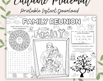 Family Reunion Placemat Printable, Kids Activity Sheet Coloring Page, Word Search, Family Tree & Maze Game