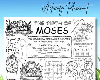 Birth of Moses Activity Placemat, Baby Moses Bible Coloring Page, Exodus 2 Sunday School Worksheet Printable PDF