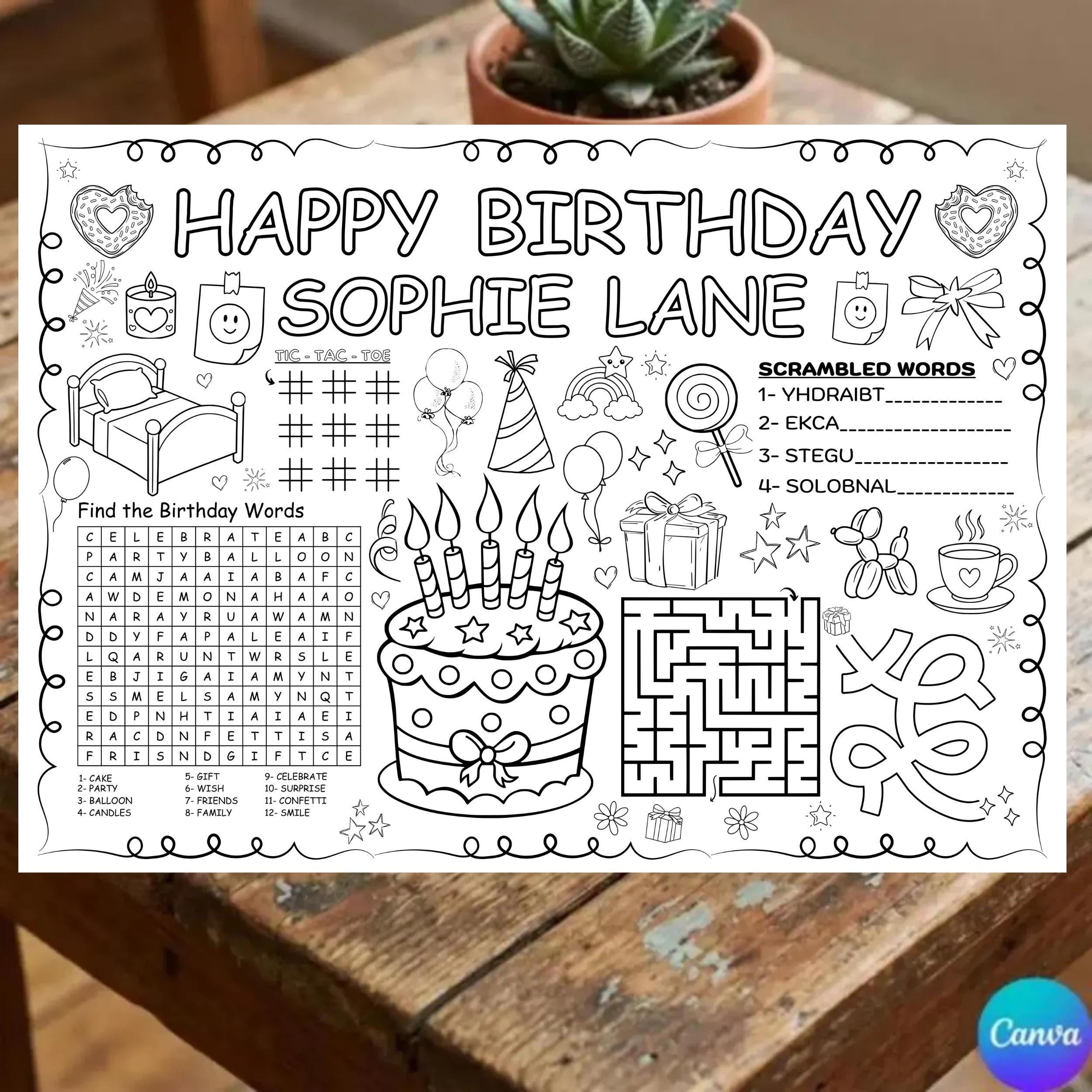 Birthday Coloring Placemat Template, Editable Kids Party Activity Sheet ...