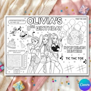 Puede incluir: Página para colorear en blanco y negro para una fiesta de 8 cumpleaños. Presenta el nombre "Olivia's" y el texto "8th Birthday". Incluye ilustraciones de cantantes de K-Pop, una tarta, globos y juegos de búsqueda de palabras. También tiene tic-tac-toe.