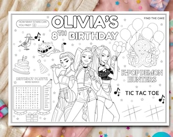 May include: Black and white colouring page for an 8th birthday party. Features the name "Olivia's" and the text "8th Birthday". Includes illustrations of K-Pop singers, a cake, balloons, and word search puzzles. Also has tic-tac-toe.