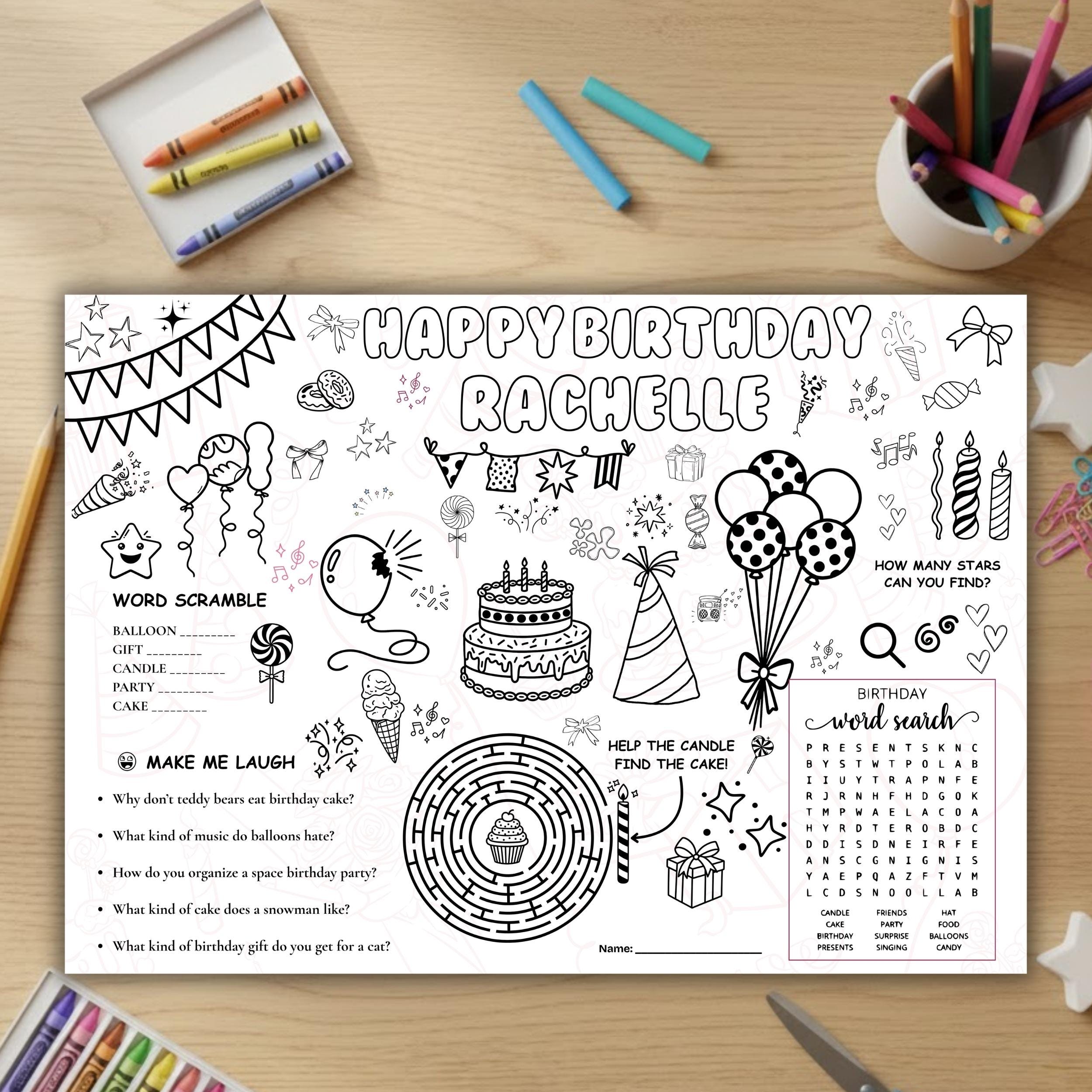 Editable Birthday Activity Placemat Canva Template, Kids Party Coloring ...