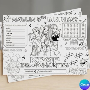 May include: Black and white activity placemat for a 5th birthday. Features a K-Pop Demon Hunters theme with word scrambles, tic-tac-toe, and a find-the-cake game. Includes illustrations of K-Pop singers and musical notes.