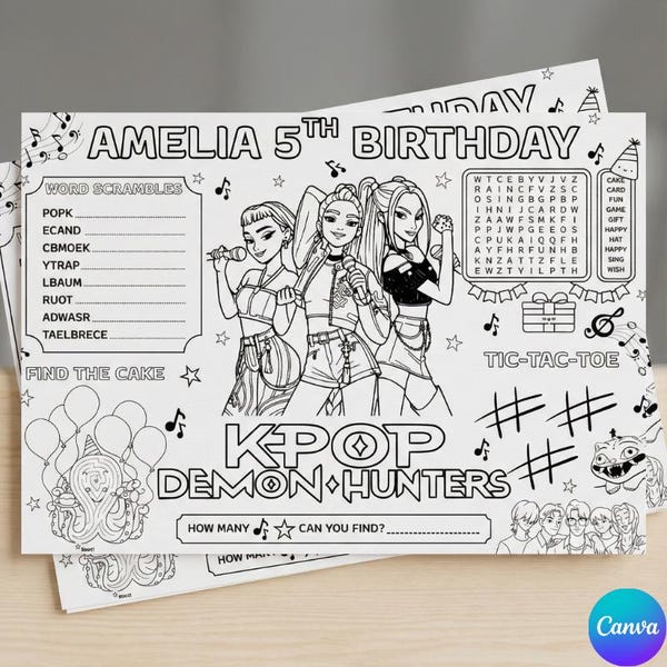 Editable Kpop Girl Party Activity Placemat Printable, Music Fantasy Birthday Coloring Sheet, Kids Table Game Canva Template