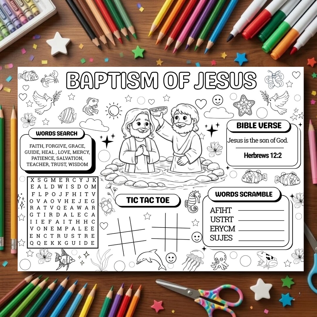 Editable Bible Activity Placemat Baptism of Jesus Coloring Page ...