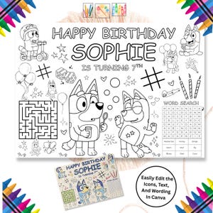 May include: A black and white printable birthday activity sheet featuring the text HAPPY BIRTHDAY SOPHIE IS TURNING 7TH, cartoon dog characters, a maze, a word search, balloons, stars, and party icons for coloring and entertainment.