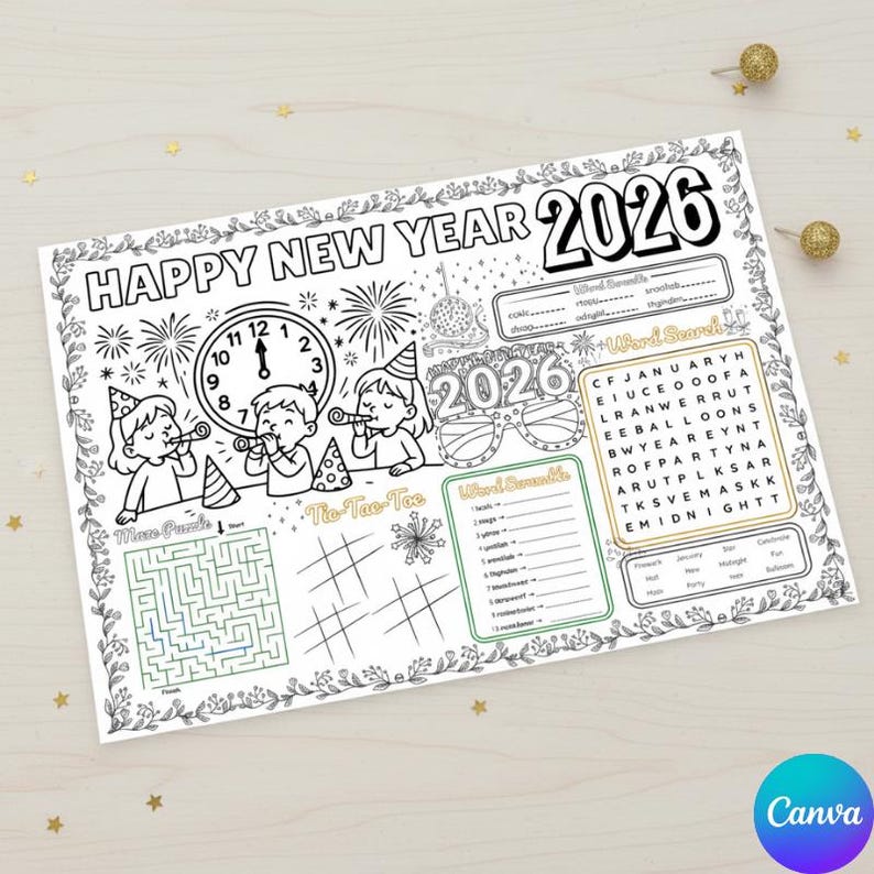New Year 2026 Kids Activity Sheet | Printable Word Search, Maze, Word ...