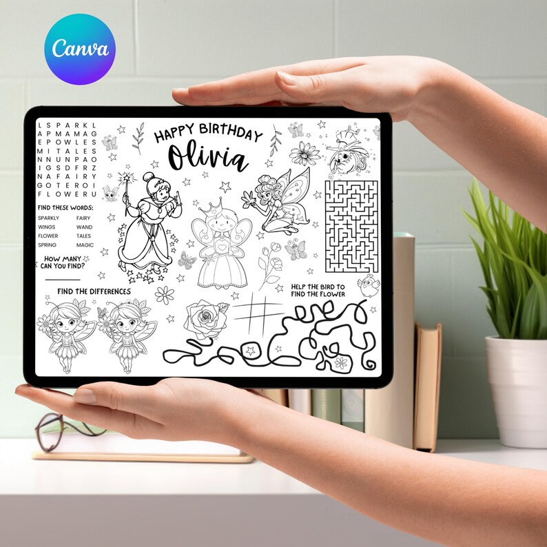 Fairy First Birthday Coloring Page, Editable Party Activity Placemat ...