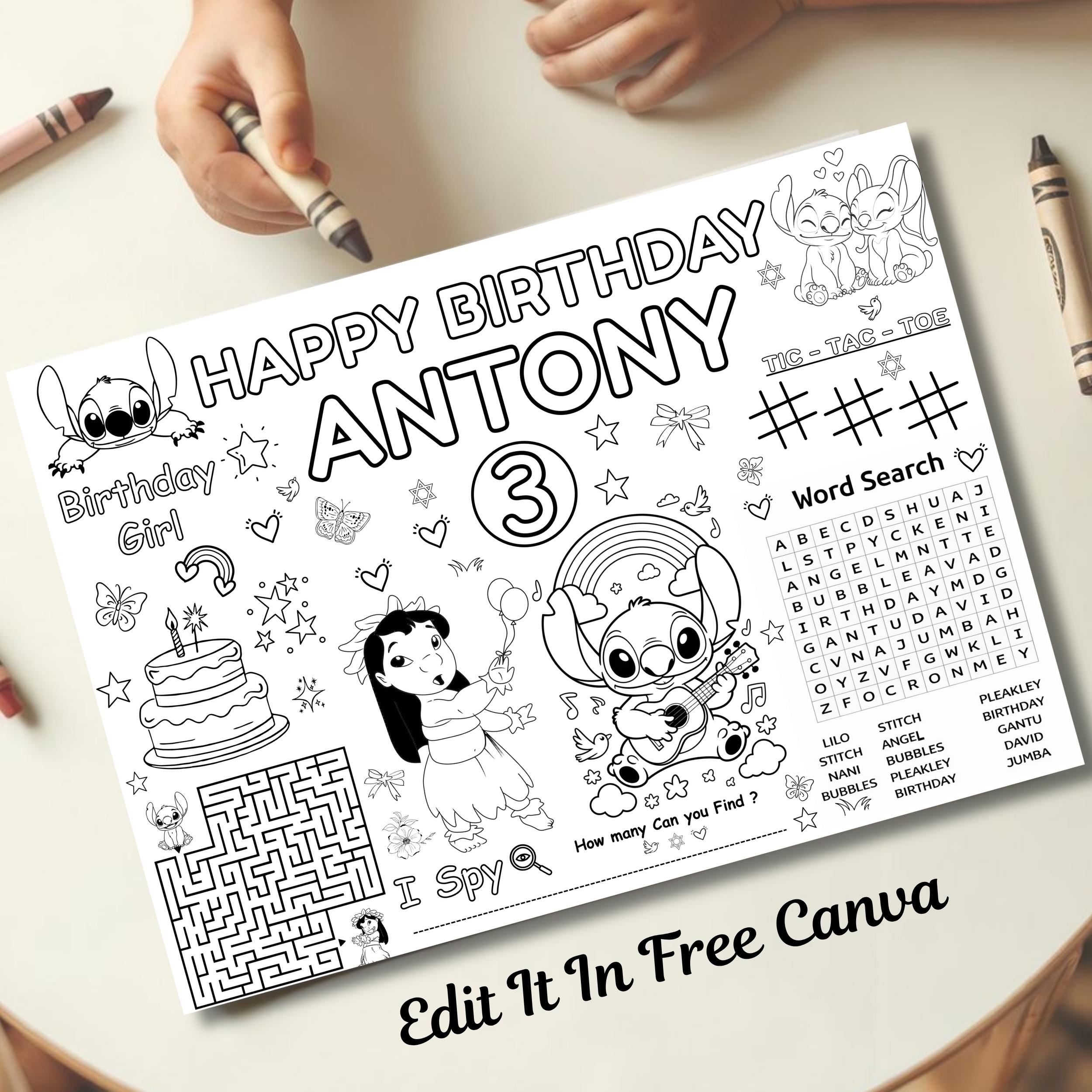 Editable Kids Birthday Coloring Placemat Canva Template, Personalized ...