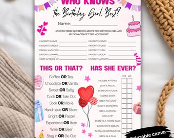 Juego imprimible "¿Quién conoce mejor a la cumpleañera?", actividad para fiesta de cumpleaños de niñas, divertida hoja de preguntas de "Esto o aquello" (descarga instantánea)
