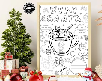 Letter to Santa Coloring Page, Dear Santa Template Printable, Kids Christmas Wish List, Cute Holiday Activity Sheet, PDF Download