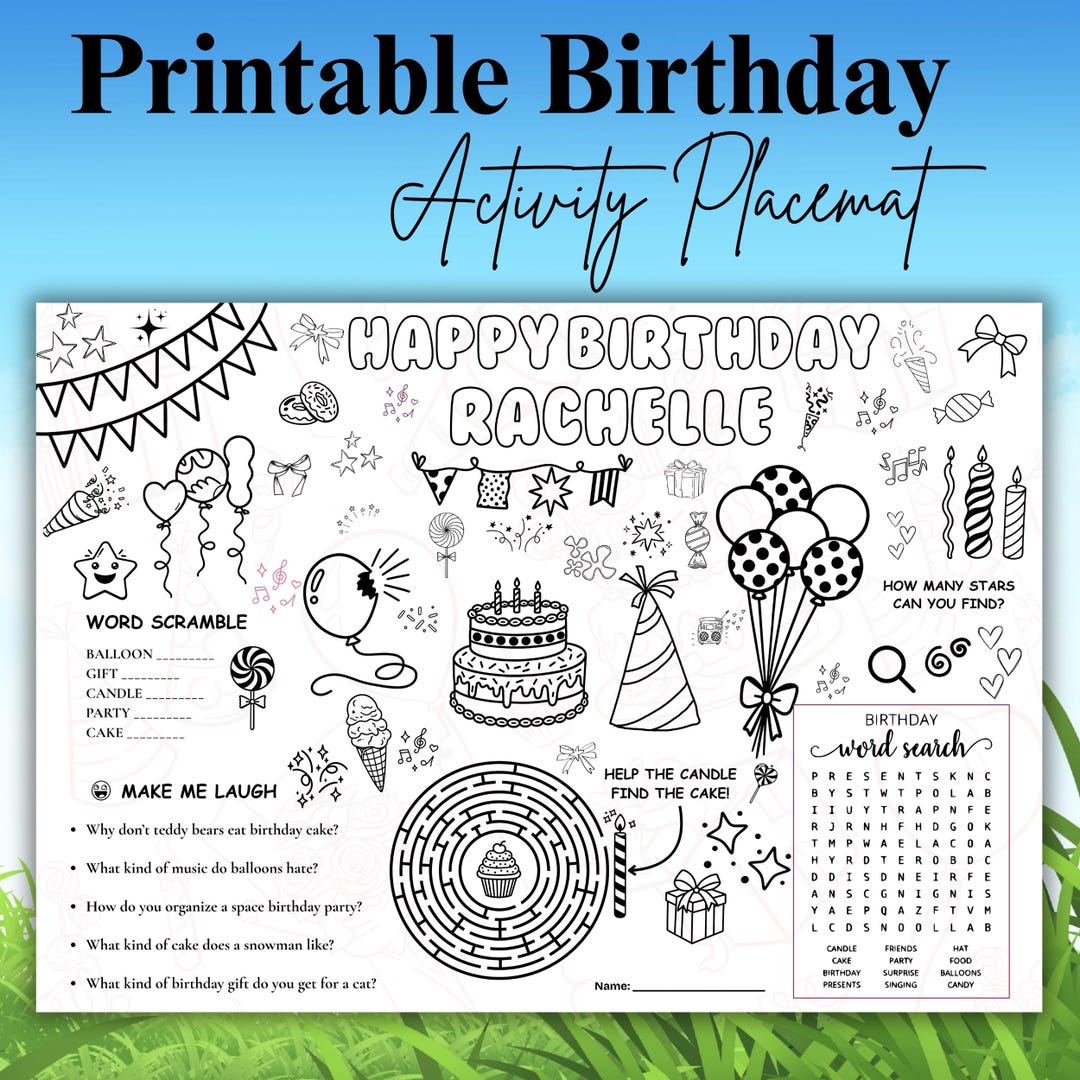 Editable Birthday Activity Placemat Canva Template, Kids Party Coloring ...