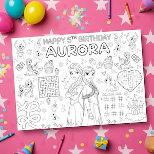 May include: A black and white coloring page with the text "HAPPY 5TH BIRTHDAY AURORA". The page features illustrations of characters, a maze, tic-tac-toe, and a castle. The background is pink with white stars.