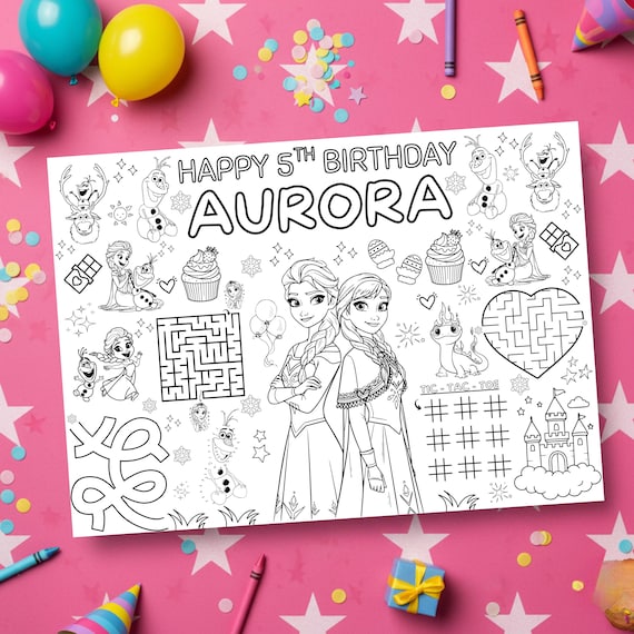 Frozen Elsa & Anna Coloring Placemat, Personalized Birthday Party Favors, Kids Activity Page, Printable Coloring Sheet, Digital Download