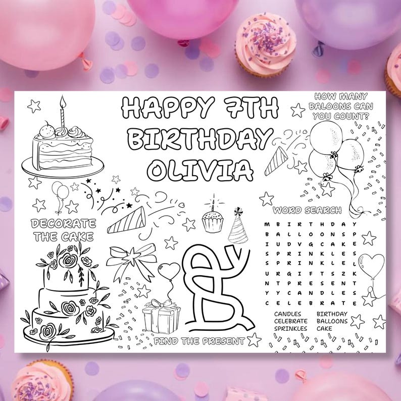 Editable Birthday Coloring Placemat Canva, Kids Party Activity Placemat ...