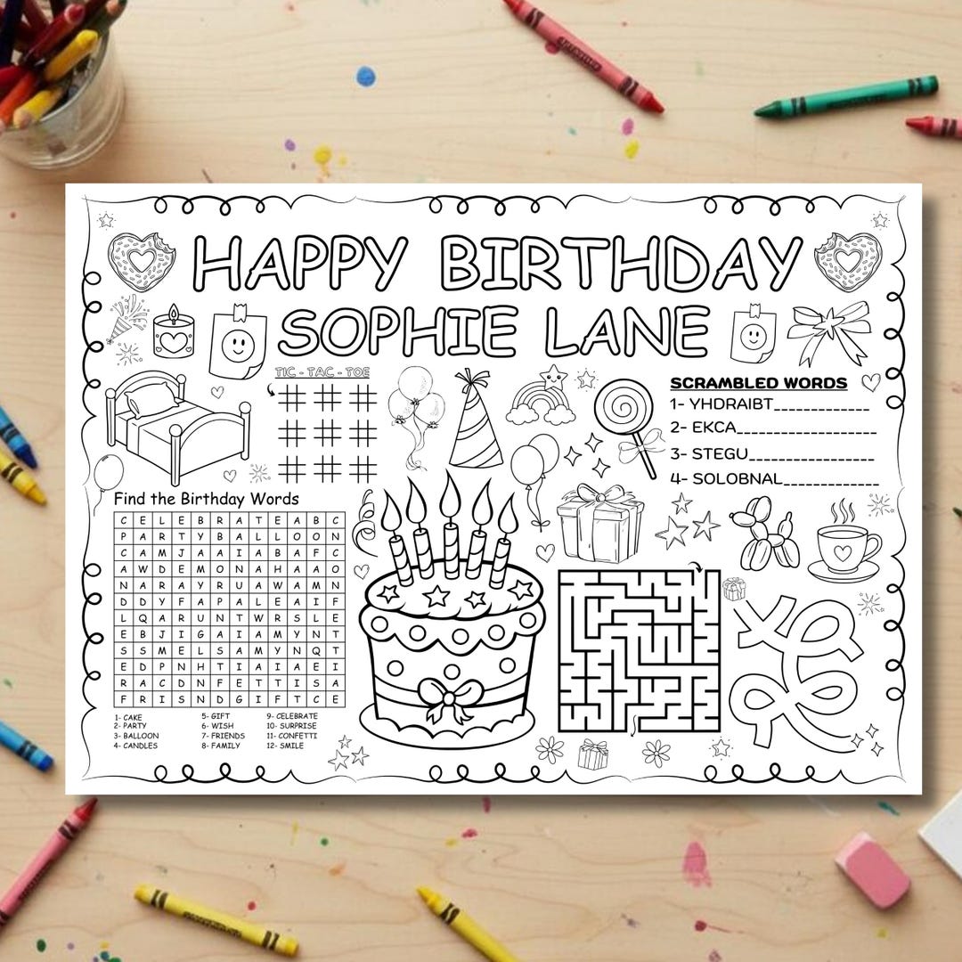 Birthday Coloring Placemat Template, Editable Kids Party Activity Sheet ...