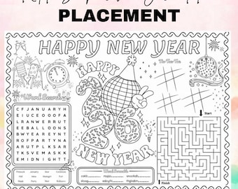Printable New Year Activity Placemat for Kids, Happy New Year Coloring Page, Word Search Maze Tic Tac Toe, New Years Eve Printable