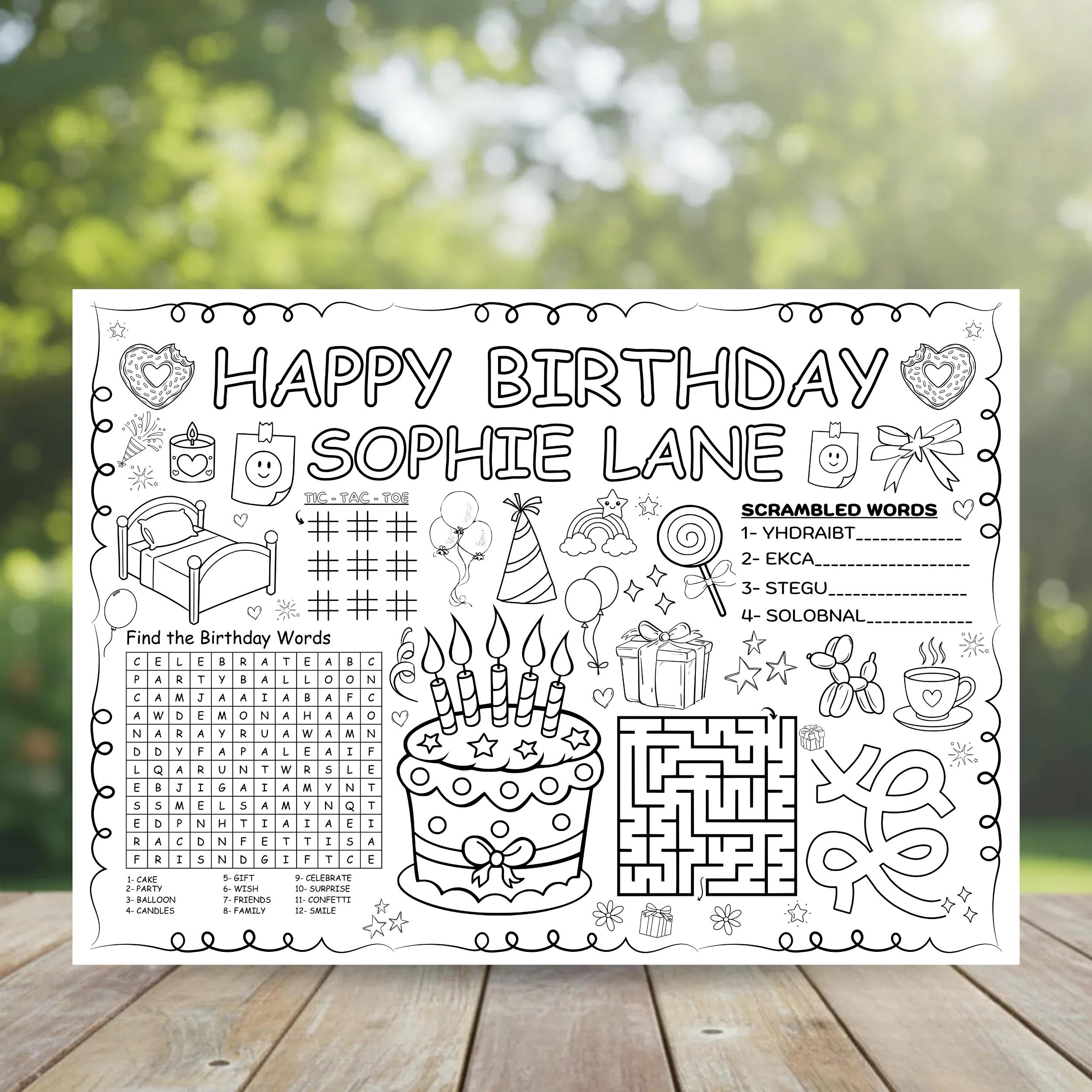 Birthday Coloring Placemat Template, Editable Kids Party Activity Sheet ...