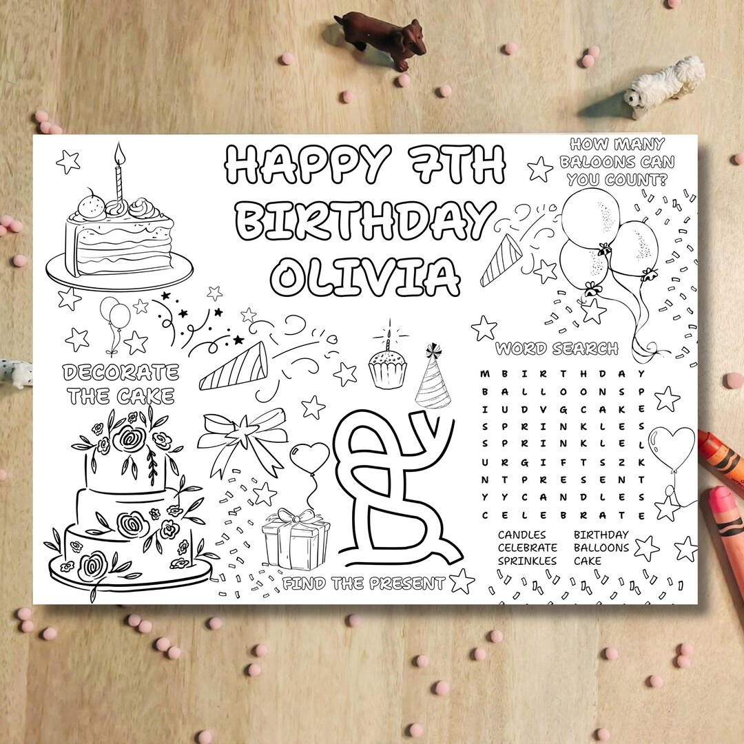 Editable Birthday Coloring Placemat Canva, Kids Party Activity Placemat ...