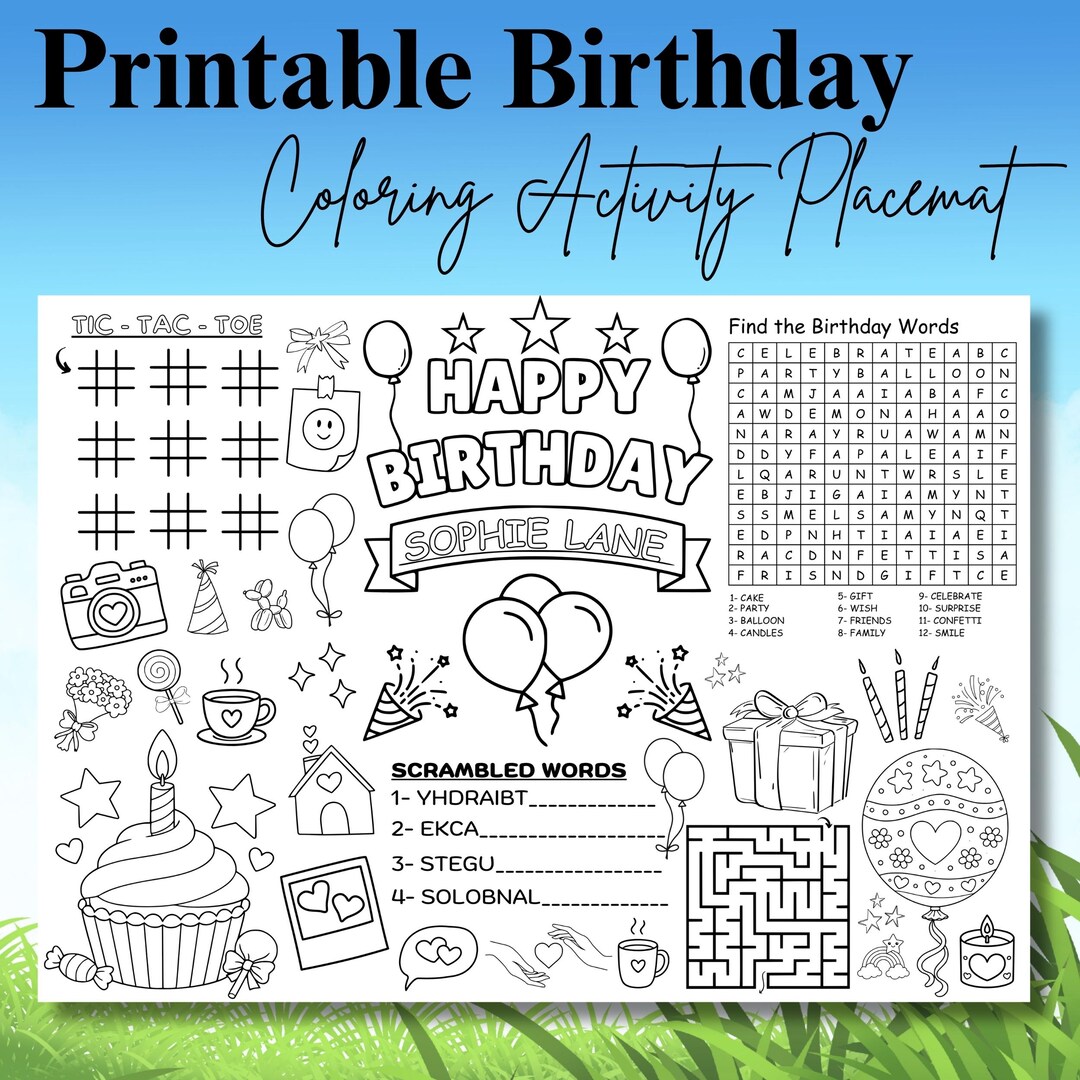 Custom Birthday Coloring Placemat Printable, Kids Party Activity Sheet ...