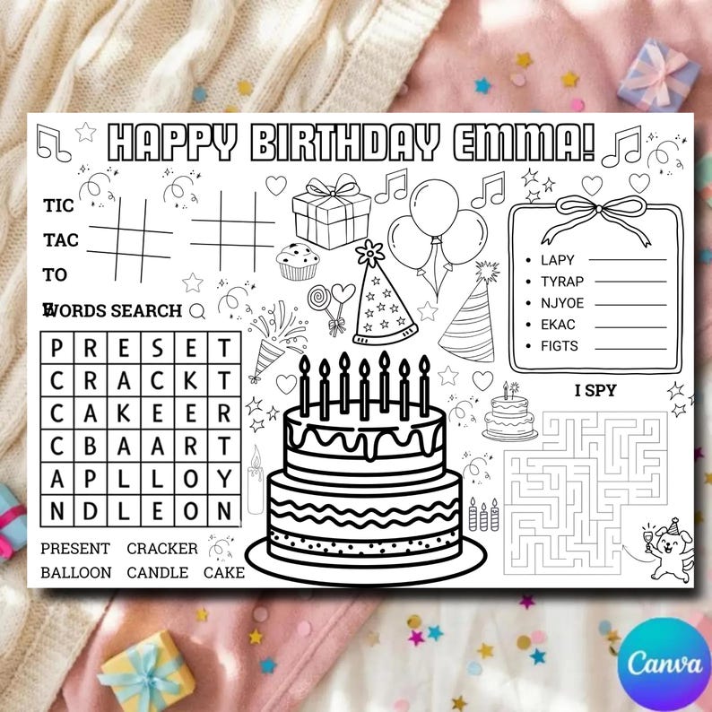 Editable Birthday Coloring Placemat Kids Printable Activity Sheet ...