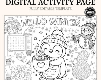 Winter Activity Placemat for Kids, Printable Christmas Coloring Page, Puzzles & Games Holiday Party Activity Sheet PDF
