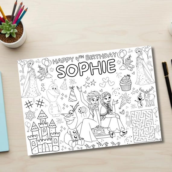 Frozen Elsa & Anna Birthday Coloring Placemat, Personalized Party Favor, Kids Activity Page, Printable Coloring Sheet, Digital File