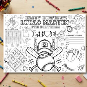 May include: A black and white baseball-themed placemat with the text "HAPPY BIRTHDAY! LUCAS MARTIN 6TH BIRTHDAY". Includes baseballs, bats, a baseball cap, and various activities like a maze and word search.