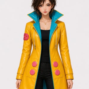 May include: A long yellow coat with a bright blue inner lining and collar. The coat features four large pink circular buttons on the front, a pink patch on the right sleeve, and a zipper closure. It is worn over a black top and black pants.