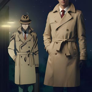 Puede incluir: Un abrigo tipo gabardina de color beige con diseño de doble botonadura, cinturón y cuello clásico. El abrigo lo lleva una persona y un personaje animado. El fondo es una escena nocturna azul oscuro.