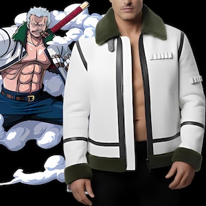 Giacca da motociclista in pelle da cosplay Smoker – Anime One Piece, Capitano della Marina con collo di pelliccia