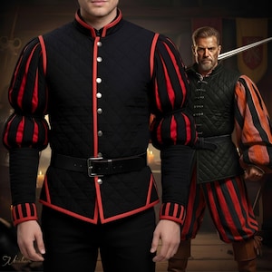 May include: Black quilted doublet with red trim and accents, featuring puffed sleeves with red and black stripes. The garment has a high collar, silver buttons, and a black belt. A second person is wearing a similar outfit.