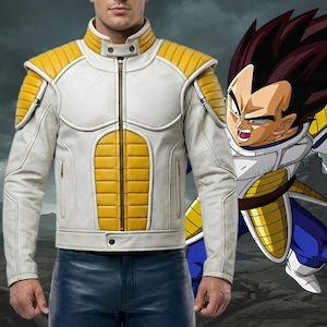 Goku Vegeta Inspired Saiyan Armor Leather Jacket | Dragon Ball Anime Cosplay White & Yellow Biker Jacket | Faux or Real Leather