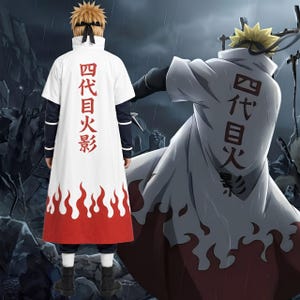 May include: A white, knee-length coat with a high collar, featuring red flame patterns along the bottom hem and vertical red Japanese kanji text on the back. The garment is worn over a dark long-sleeved shirt and dark pants with black boots.