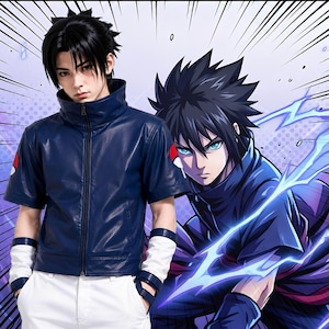 May include: A dark blue short-sleeved jacket with a high collar and a zipper, featuring a red and white circular emblem on the sleeve. The jacket is paired with white trousers and white wrist guards with dark blue accents, inspired by anime character attire.