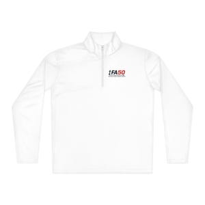 May include: White long-sleeved athletic top with a quarter-zip collar. The top features the text "FA50" in black and red on the upper left chest. The top is made of a smooth, lightweight material.