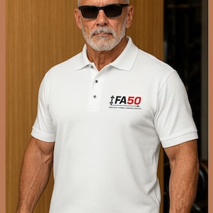 FA50 Signature Logo Men&#39;s Premium Polo Shirt | Fitness Lifestyle Golf Polo for Men Over 50 | Motivational Sports Apparel