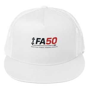 May include: White trucker cap with a mesh back and a curved peak. The front displays the text "FA50" in black and red, with the tagline "PRACTICAL FITNESS. POWERFUL RESULTS."