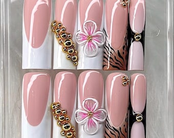 French Tip Press On Nails Cheetah & Zebra Print 3D Flower Nails