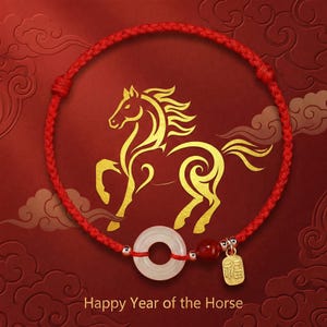 Può includere: Braccialetto rosso intrecciato con un anello di giada bianca, una perla rossa e un ciondolo dorato. Un'illustrazione di cavallo dorato su sfondo rosso con il testo "Happy Year of the Horse".