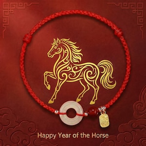 May include: Red braided bracelet featuring a circular jade pendant, a red bead, and a gold charm. A gold horse illustration is on a red background. The text "Happy Year of the Horse" is at the bottom.