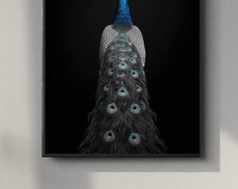 Black and White Peacock Portrait | Powerful Wall Art Digital Print | Instant Download Poster | PDF, JPEG & PNG
