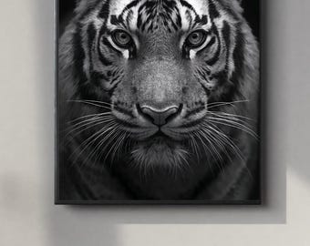Black and White Tiger Portrait | Powerful Wall Art Digital Print | Instant Download Poster | PDF, JPEG & PNG