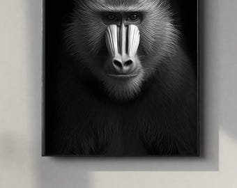 Black and White Mandrill Portrait | Powerful Wall Art Digital Print | Instant Download Poster | PDF, JPEG & PNG
