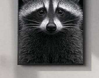 Black and White Racoon Portrait | Powerful Wall Art Digital Print | Instant Download Poster | PDF, JPEG & PNG